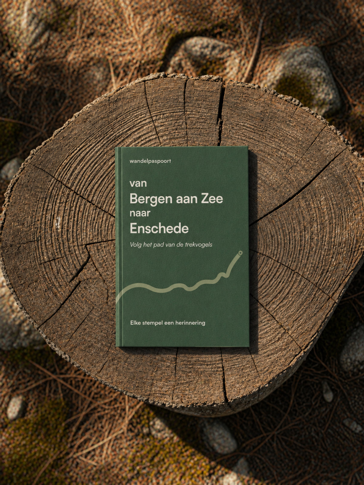 Het Wandelpaspoort Trekvogelpad op een boomstronk